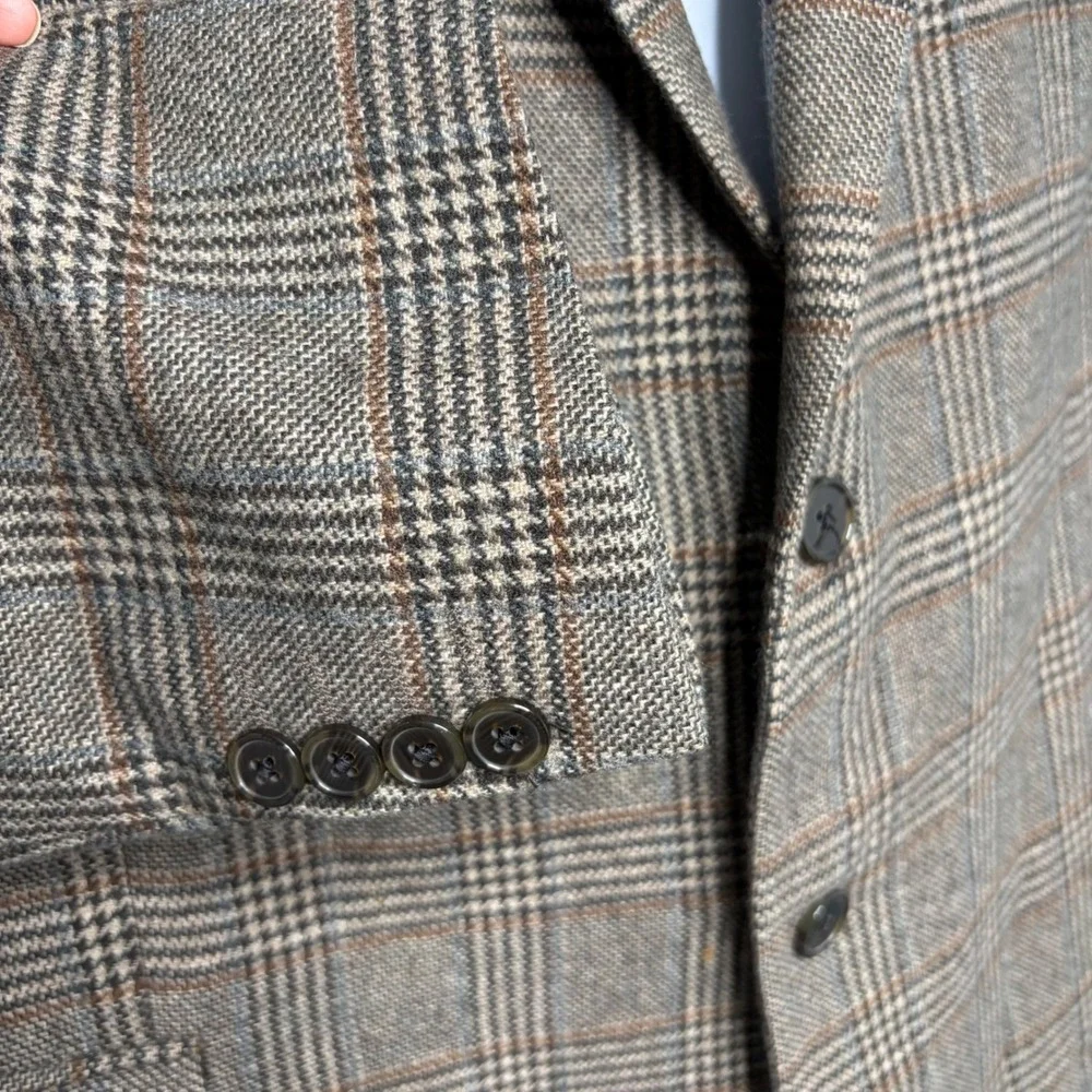 Saks Fifth Avenue Black Label 100% Cashmere Plaid Blazer Brown 48R Sport Coat